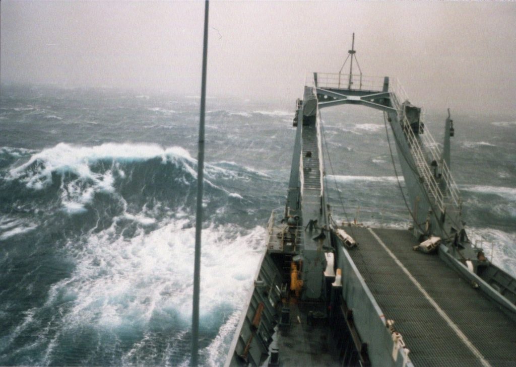 USS Boulder LST-1190 underway in heavy seas
