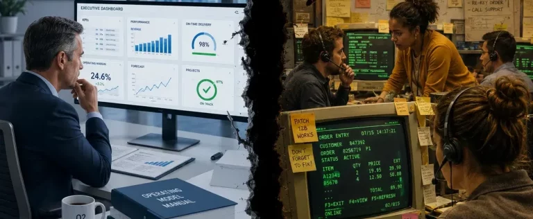 Split image contrasting a clean executive dashboard with a cluttered green-screen order-entry terminal